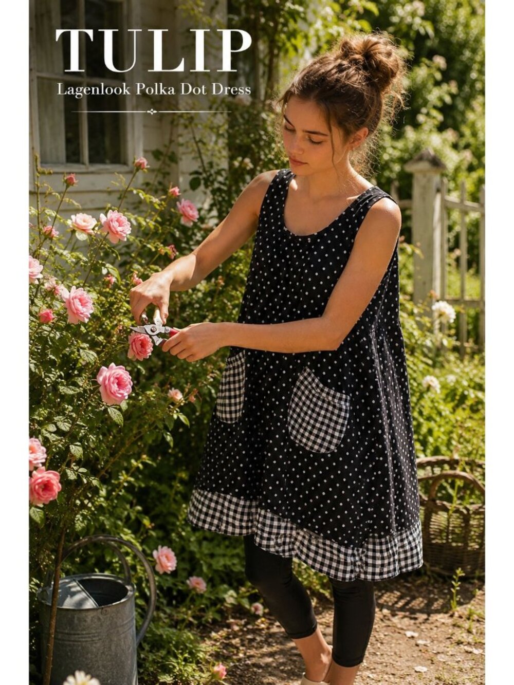 Tulip Dress Sz L Black Polka Dot Gingham Cotton Lagenlook Tunic Pockets